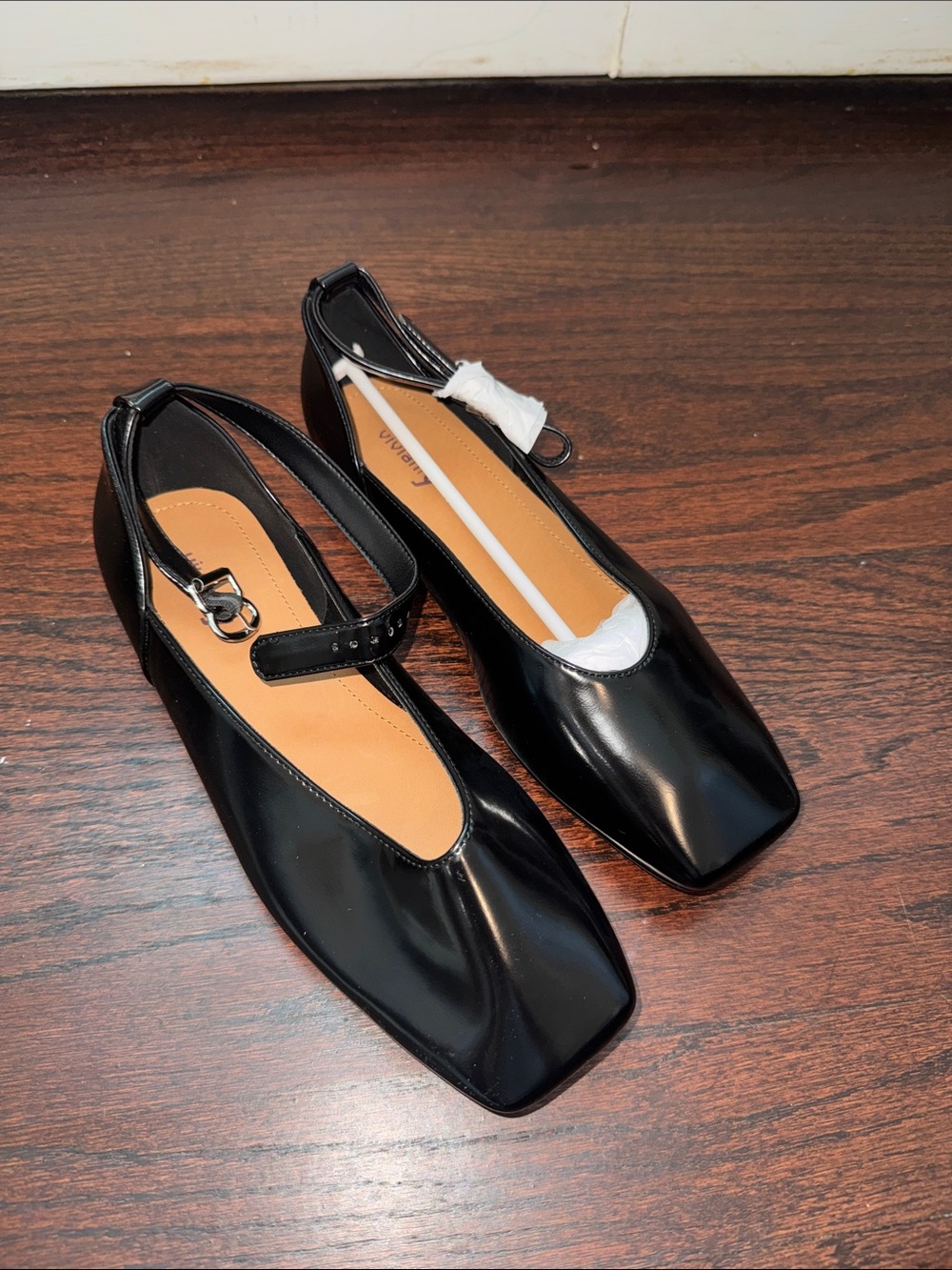 Vivianly Black Square-Toe Slingback Flats with Buckle Strap